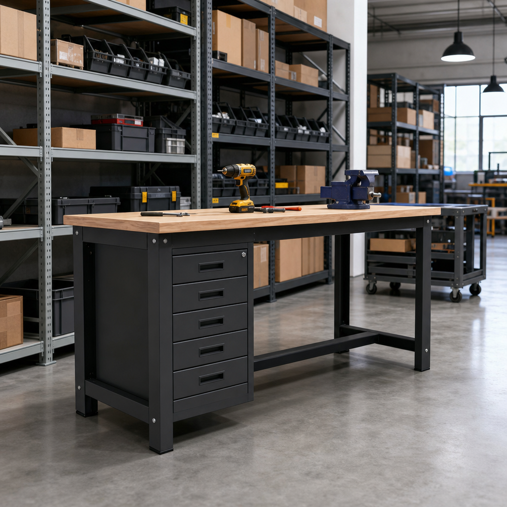 Heavy Duty Workbench with 5 Drawer Storage Pedestal