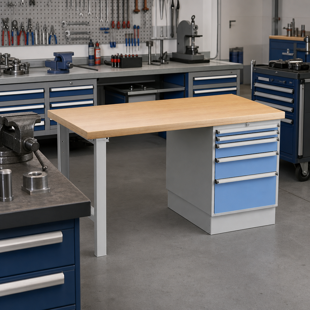Heavy Duty Workbench with 5 Drawer Storage Pedestal