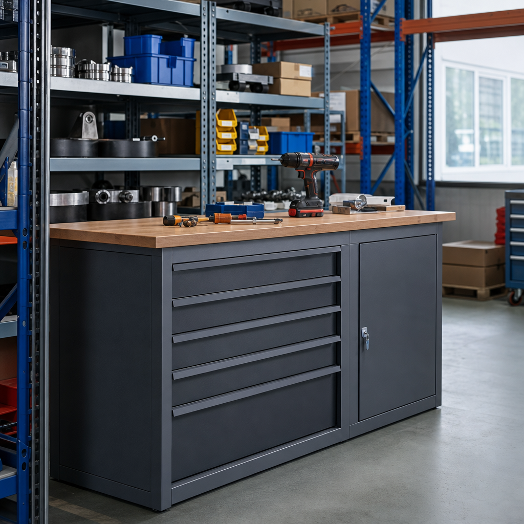 Heavy Duty Workbench with 5 Drawers and 1 Cupboard