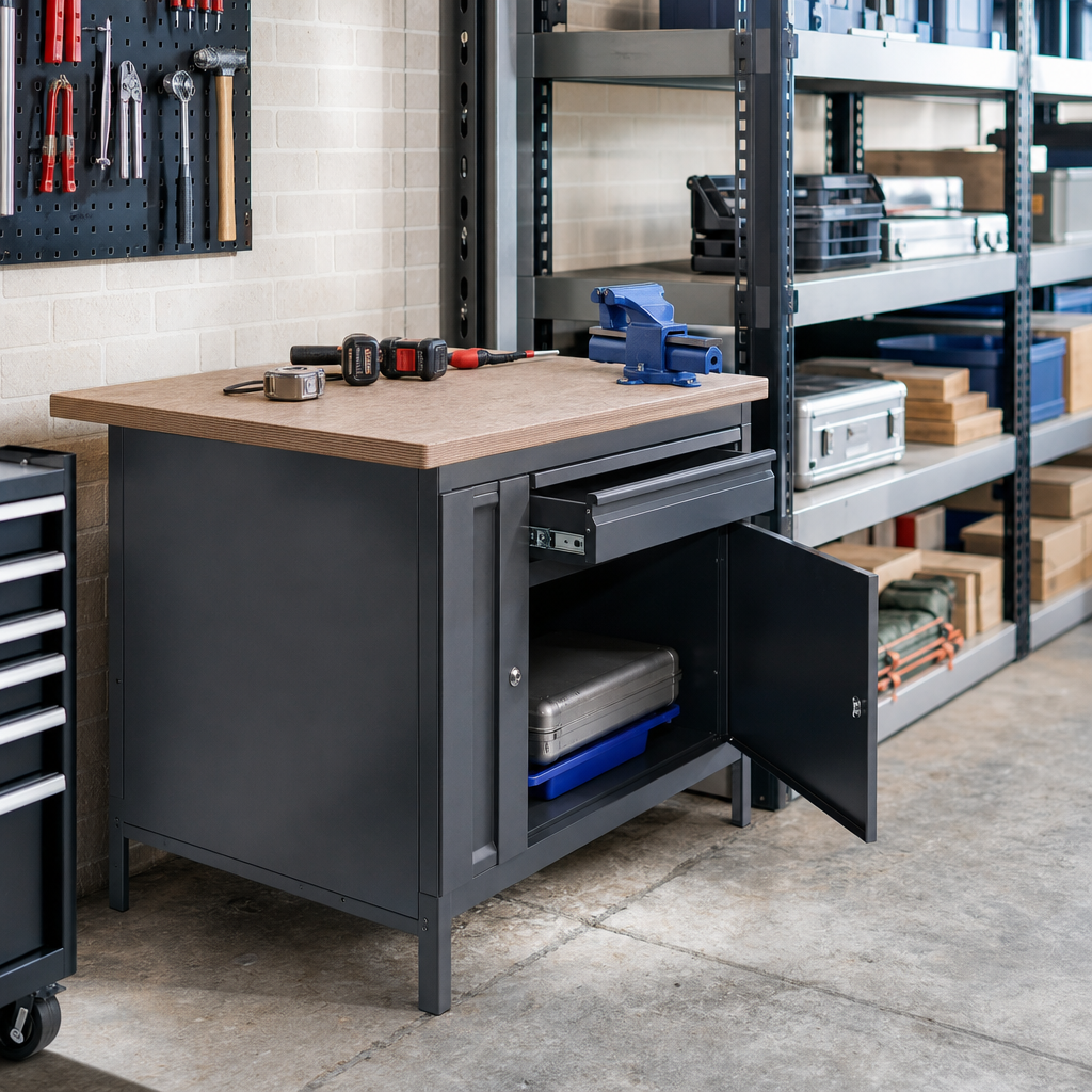 Heavy Duty Workbench with Cupboard, Drawer and MPX Top 840x750mm