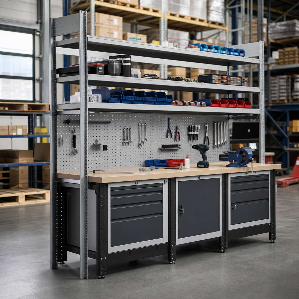 Heavy Duty Workbench With Drawers, Shelves and Cabinets