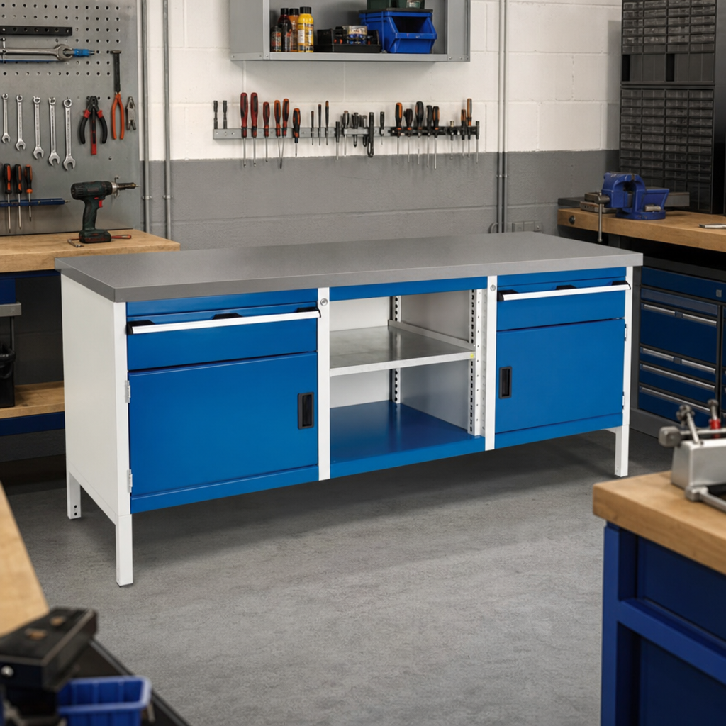 Heavy Duty Workbench With Drawers, Shelves and Cabinets