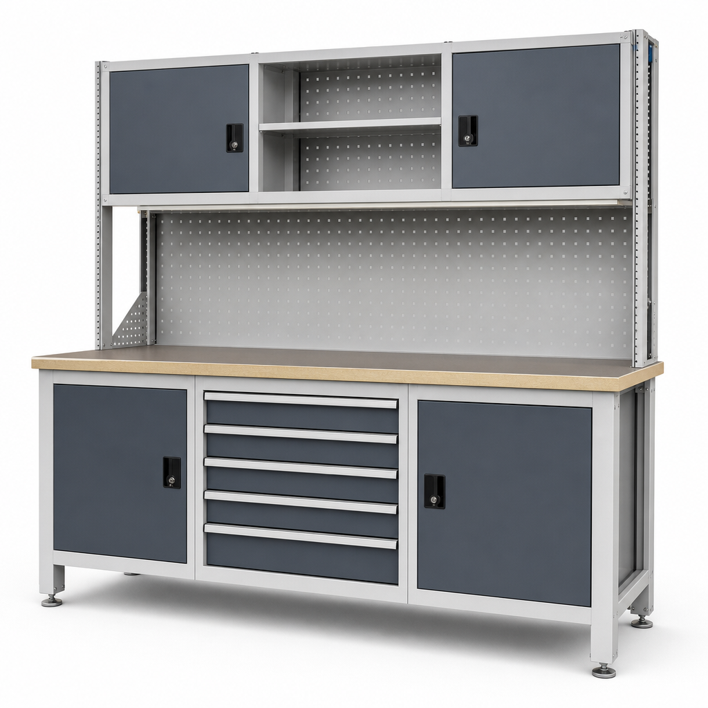 Heavy Duty Workbench With Drawers, Shelves and Cabinets