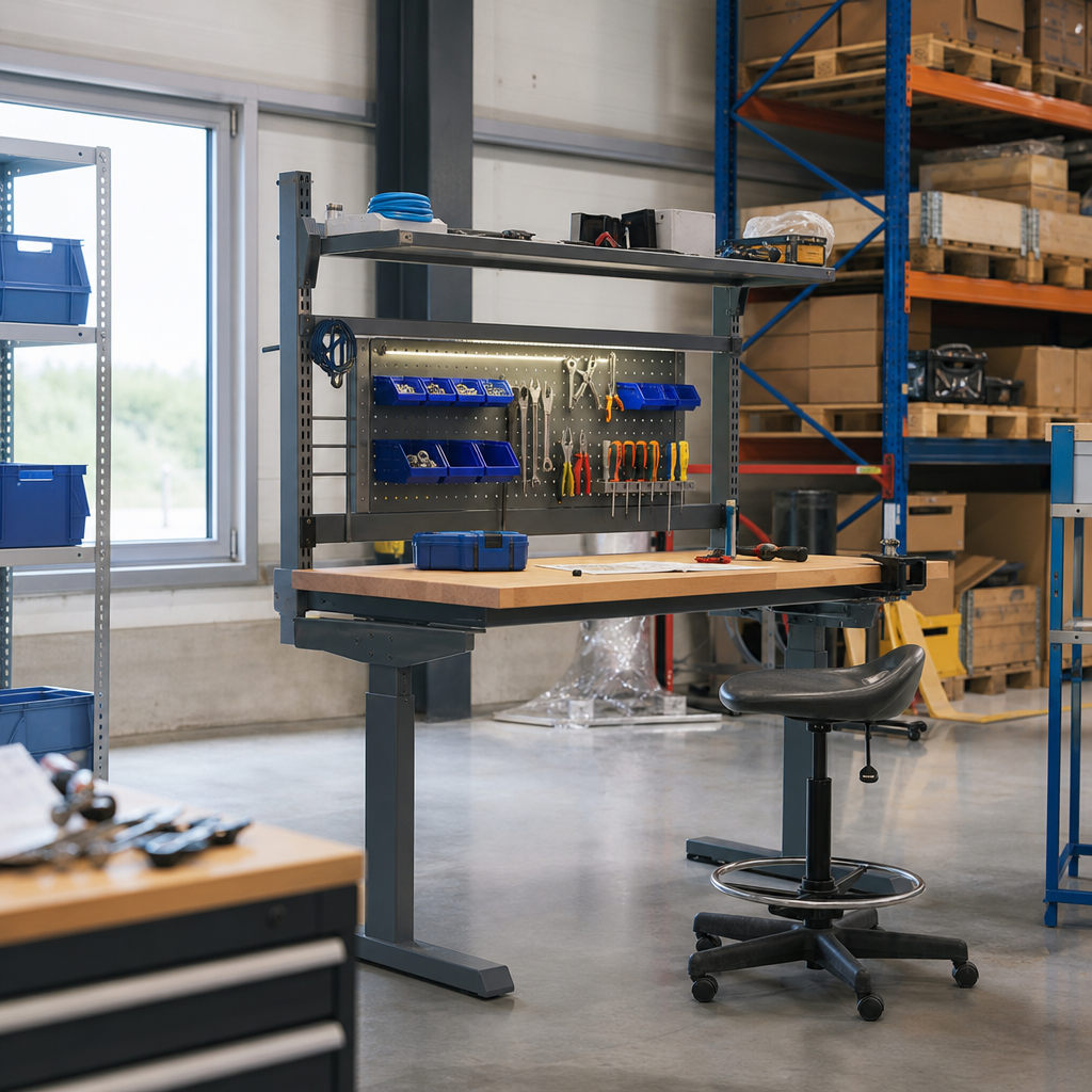 Height Adjustable Ergonomic Workbench with Upper Shelf