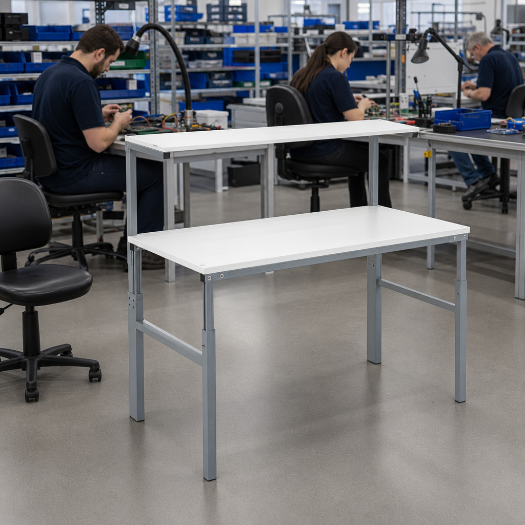 Height Adjustable Ergonomic Workbench with Upper Shelf