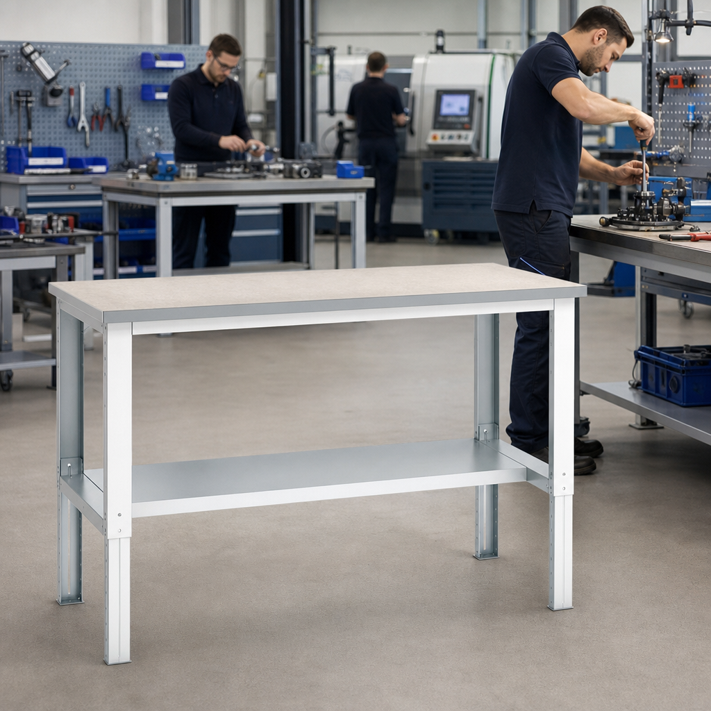 Height Adjustable Lino Top Workbench with Shelf