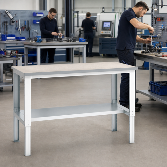 Height Adjustable Lino Top Workbench with Shelf