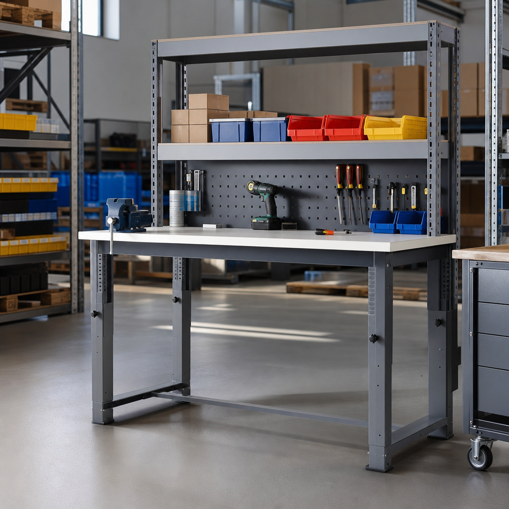 Height Adjustable Lino Top Workbench with Shelf