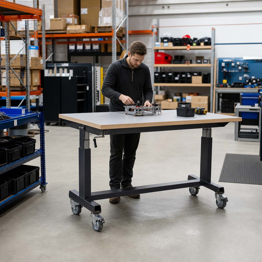 Height Adjustable Mobile Workbench with Lino Worktop 1500 x 900mm