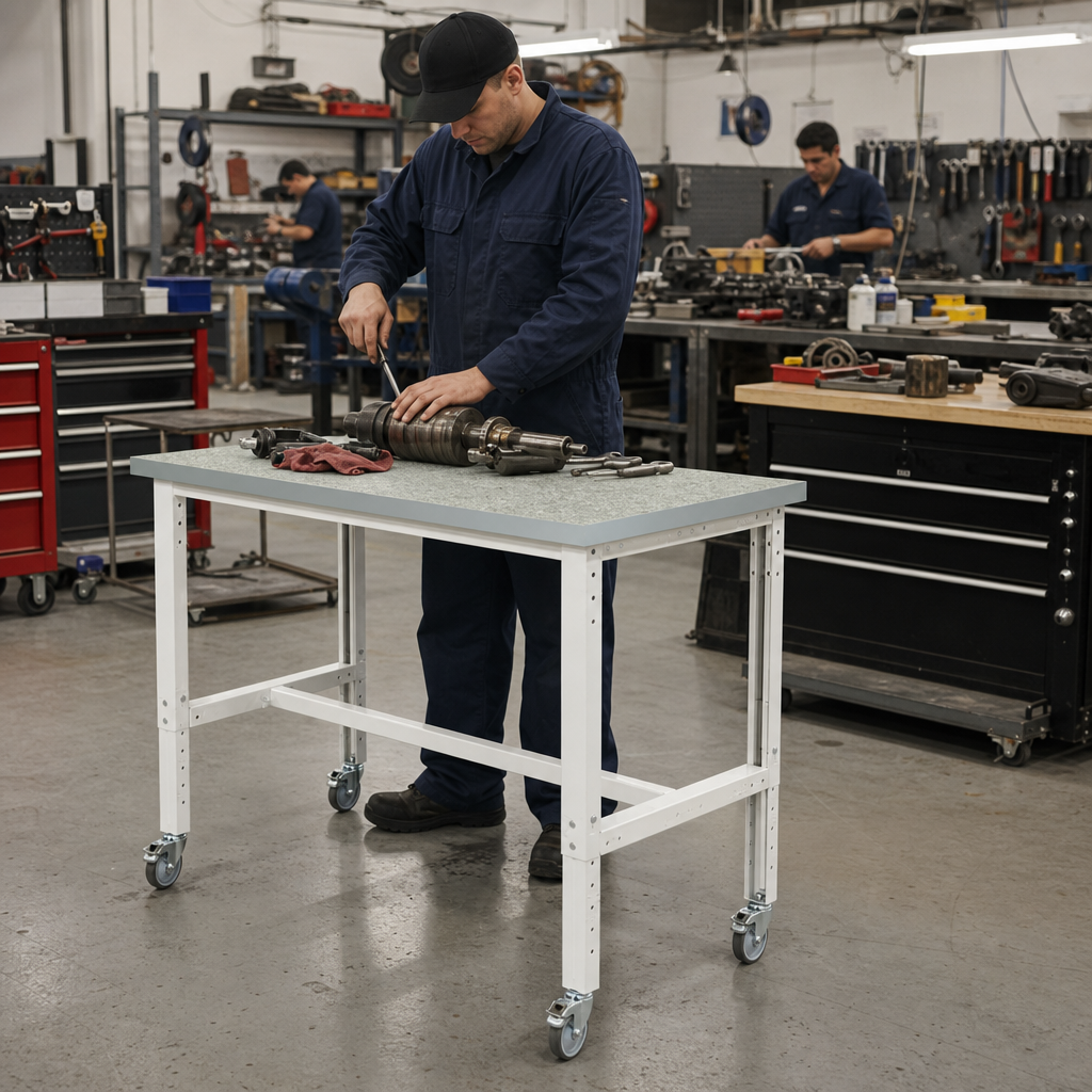 Height Adjustable Mobile Workbench with Lino Worktop 1500 x 900mm