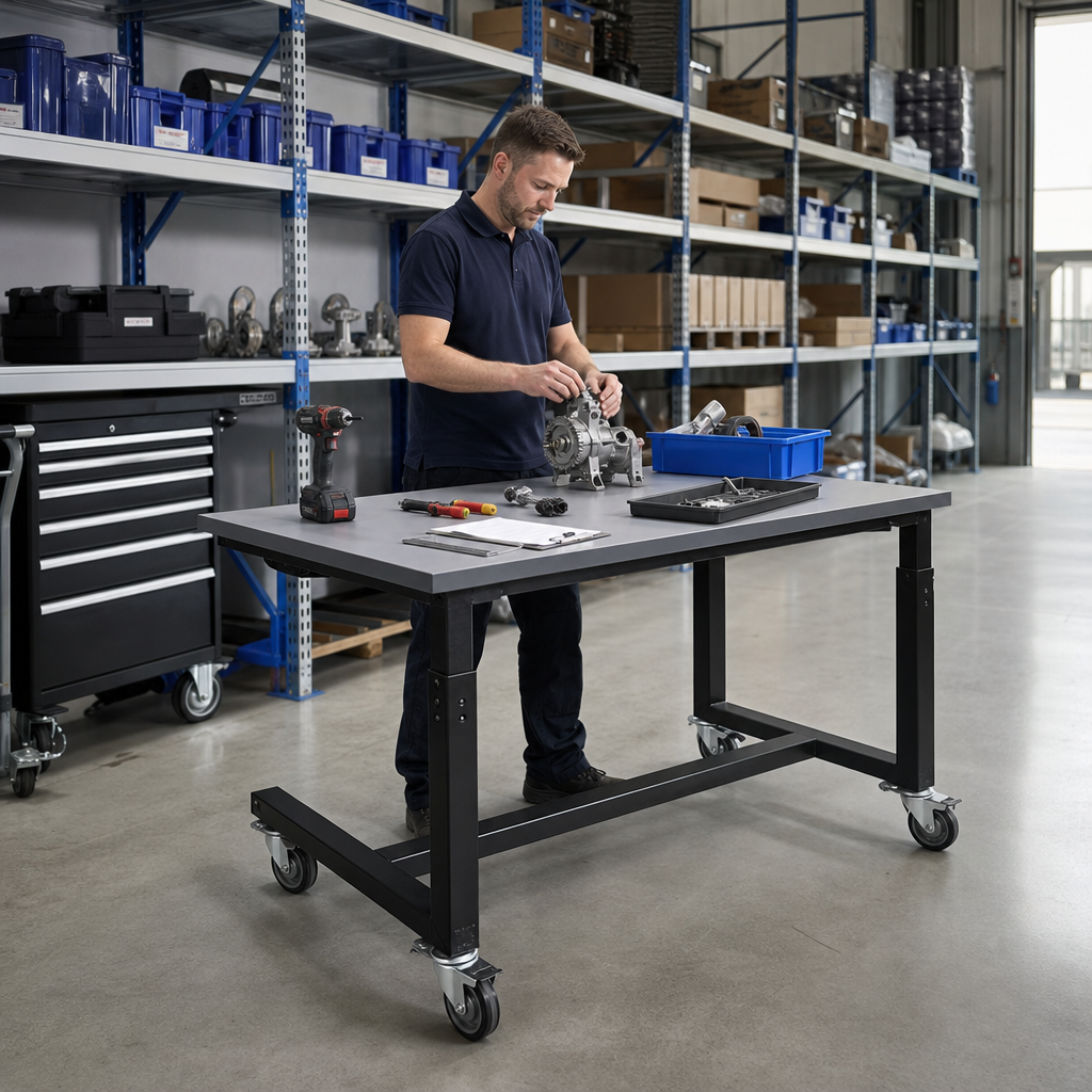 Height Adjustable Mobile Workbench with Lino Worktop 1500 x 750mm