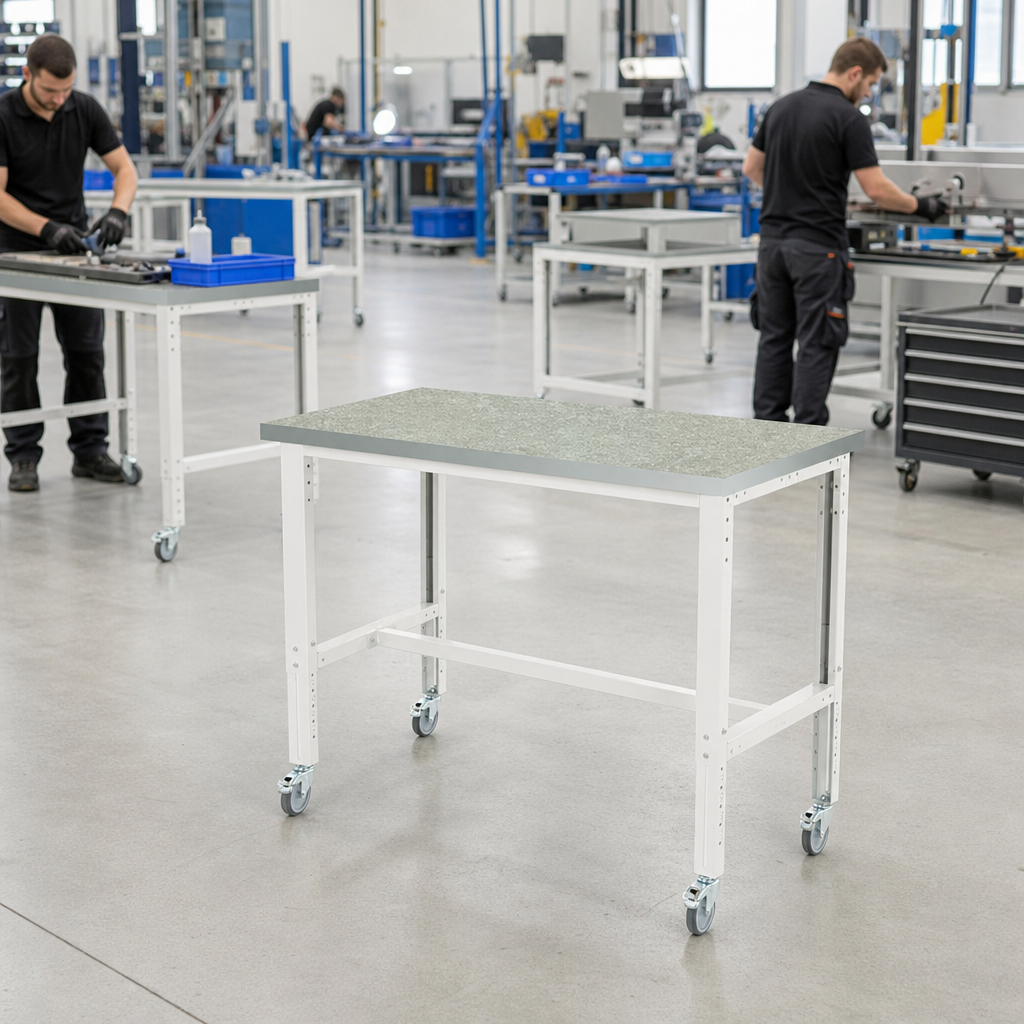 Height Adjustable Mobile Workbench with Lino Worktop 1500 x 750mm