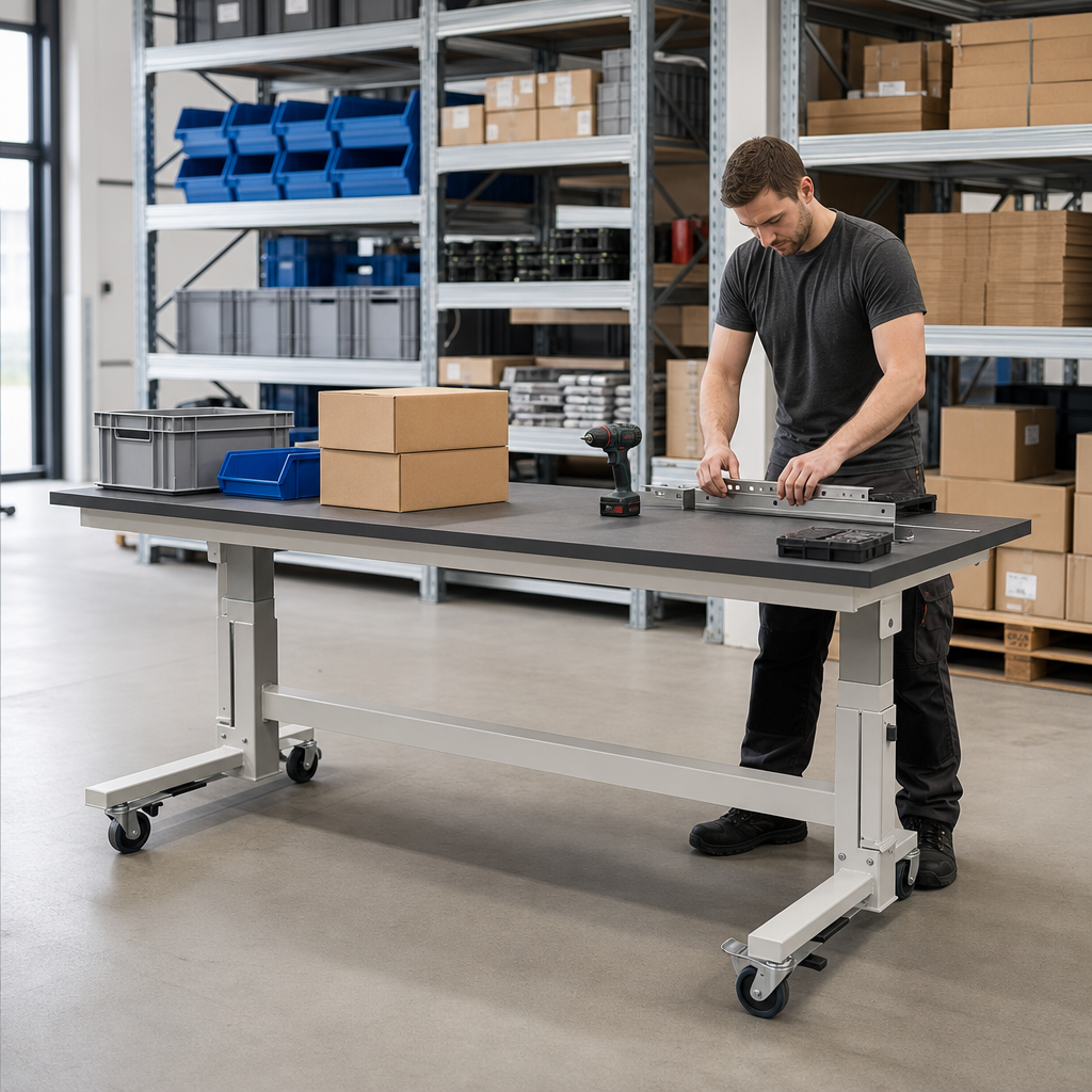 Height Adjustable Mobile Workbench with Lino Worktop 2000 x 900mm
