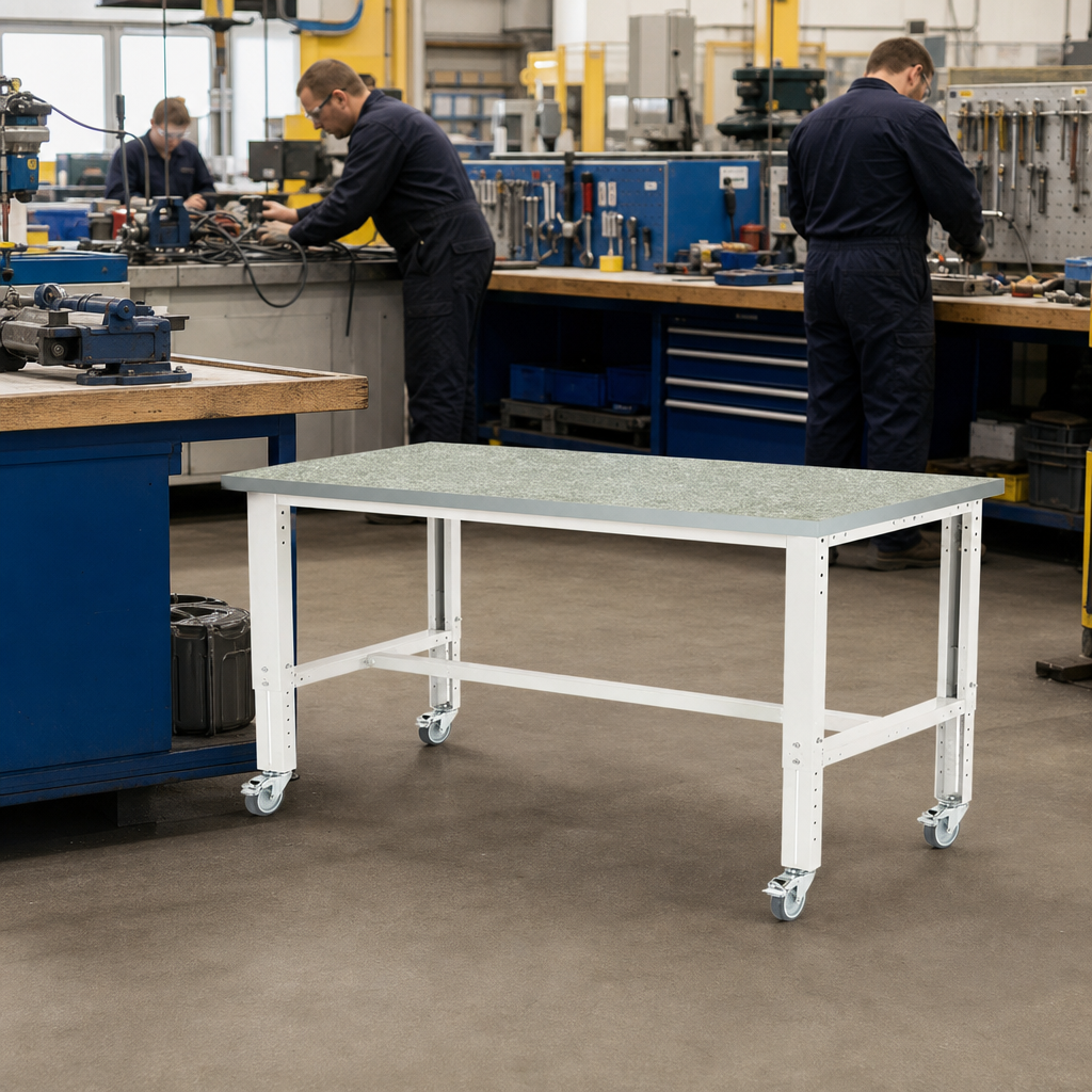 Height Adjustable Mobile Workbench with Lino Worktop 2000 x 900mm