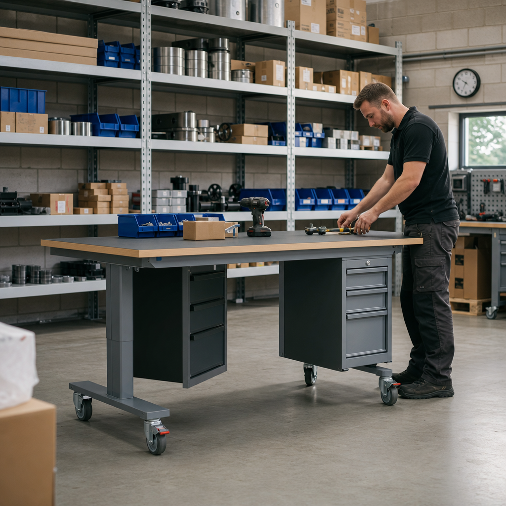 Height Adjustable Mobile Workbench with Lino Worktop and Drawers