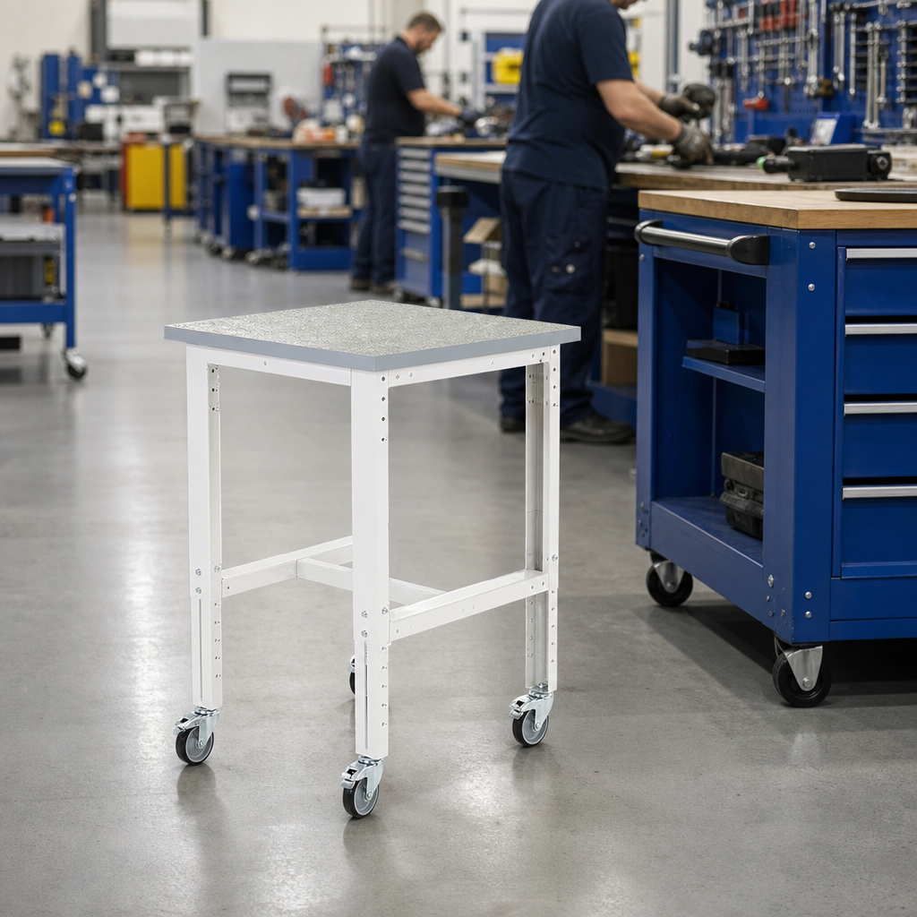 Height Adjustable Mobile Workbench with Lino Worktop and Drawers