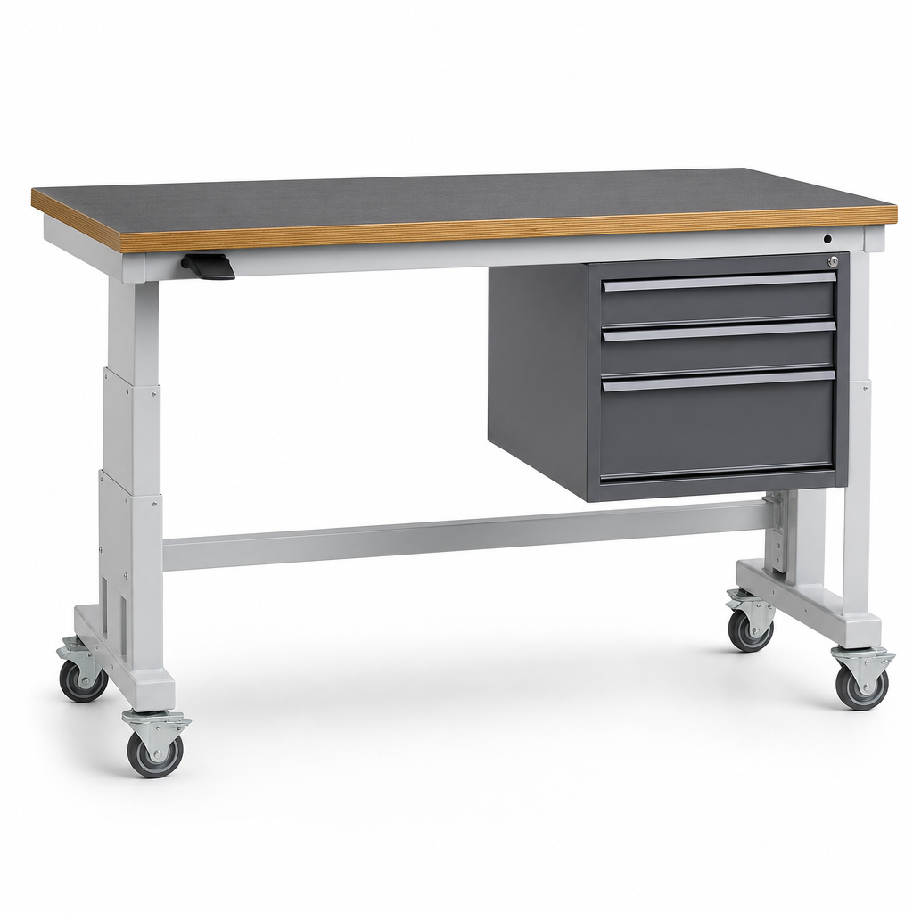 Height Adjustable Mobile Workbench with Lino Worktop and Drawers