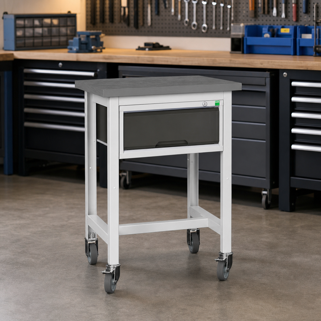 Height Adjustable Mobile Workbench with Storage Options