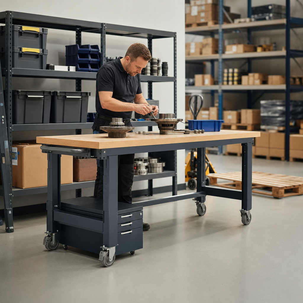 Height Adjustable Mobile Workbench with Storage Options