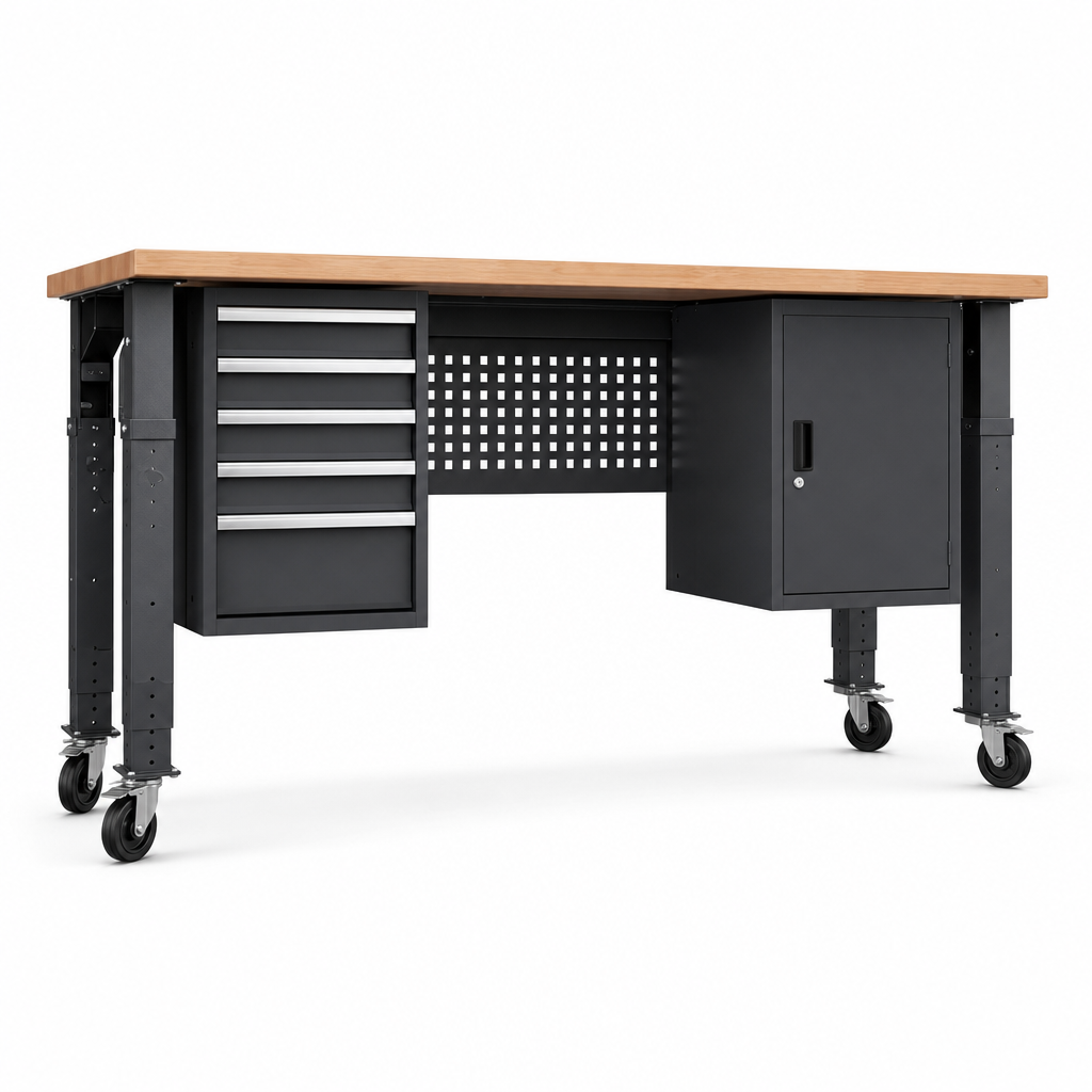 Height Adjustable Mobile Workbench with Storage Options