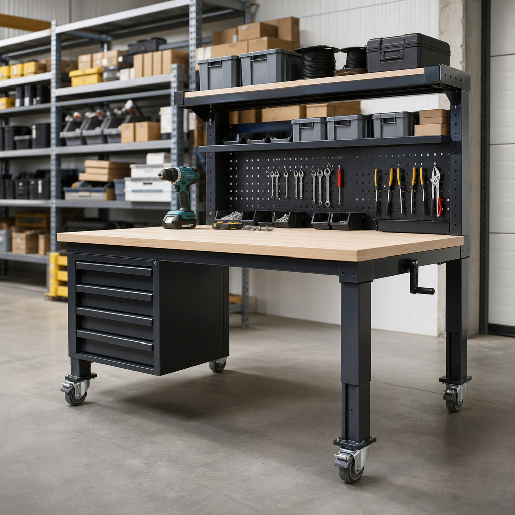 Height Adjustable Mobile Workbench with Storage Options