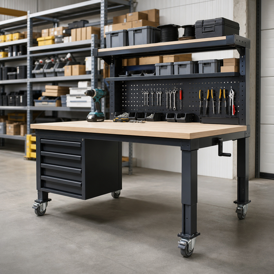 Height Adjustable Mobile Workbench with Storage Options