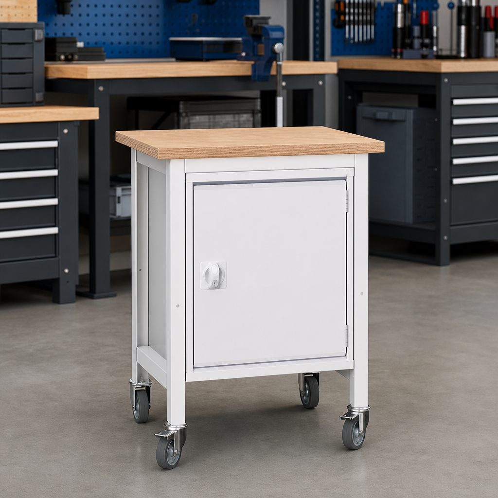 Height Adjustable Mobile Workbench with Storage Options