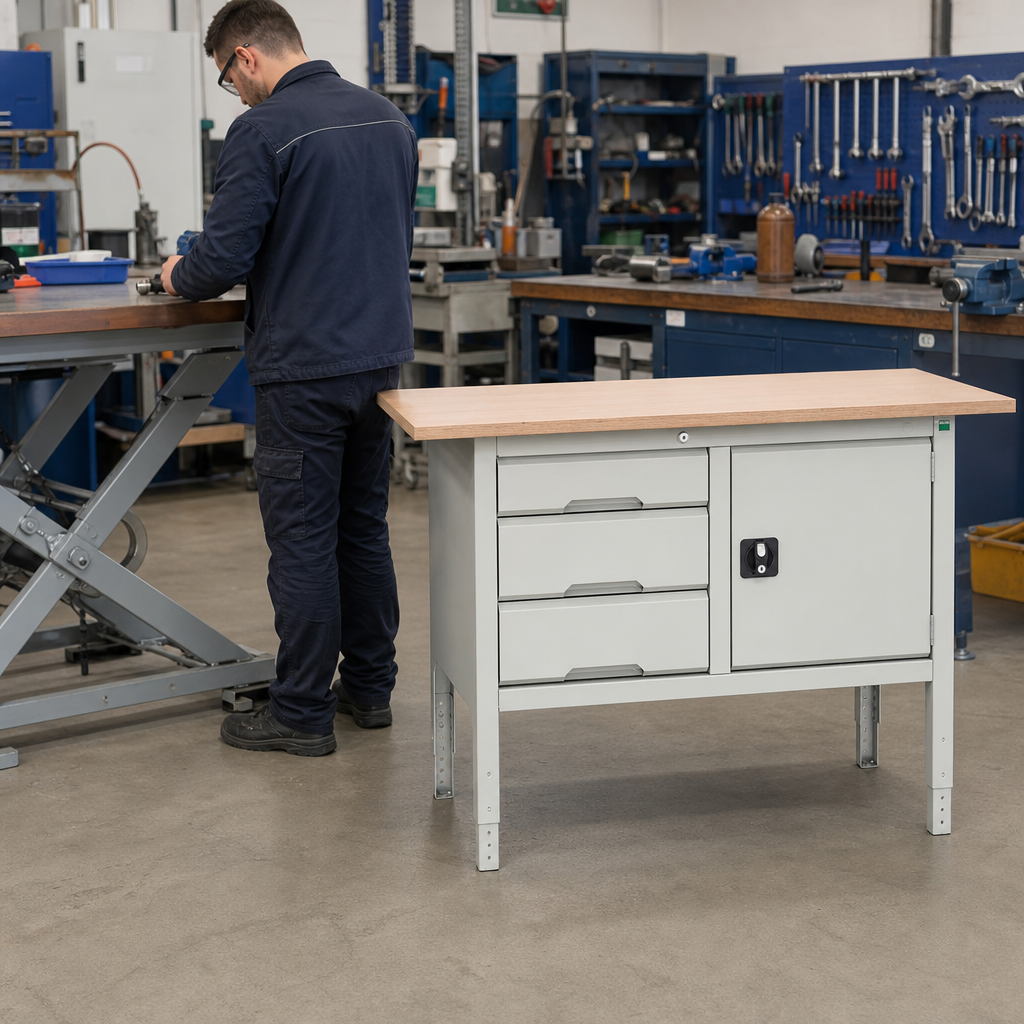 Height Adjustable Workbench with Cupboard and Drawers 1250 x 600mm