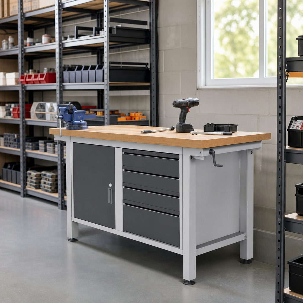 Height Adjustable Workbench with Cupboard and Drawers 1250 x 600mm