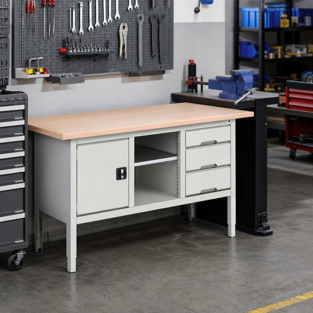 Height Adjustable Workbench with Drawer and Cabinet Storage