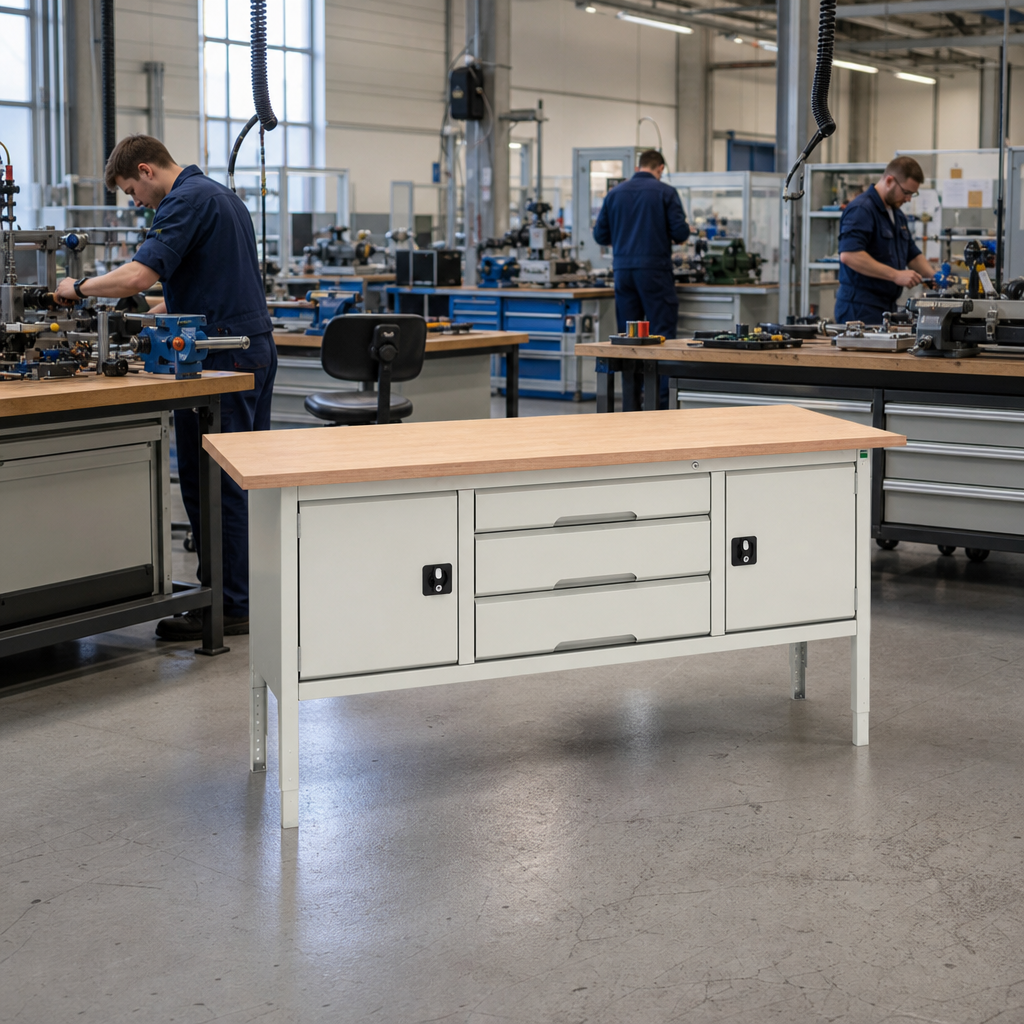 Height Adjustable Workbench with Drawers and Cabinets