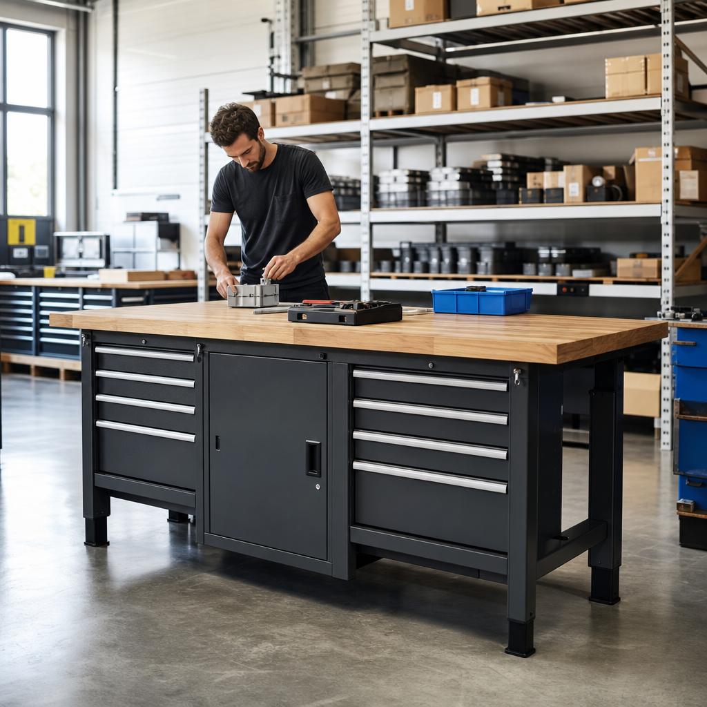 Height Adjustable Workbench with Drawers and Cabinets
