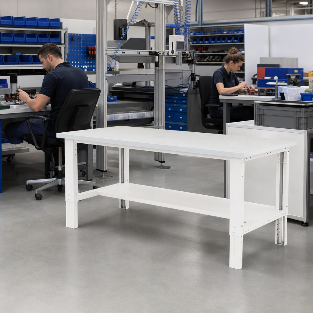 Height Adjustable Workbench with Lino Top and Shelf