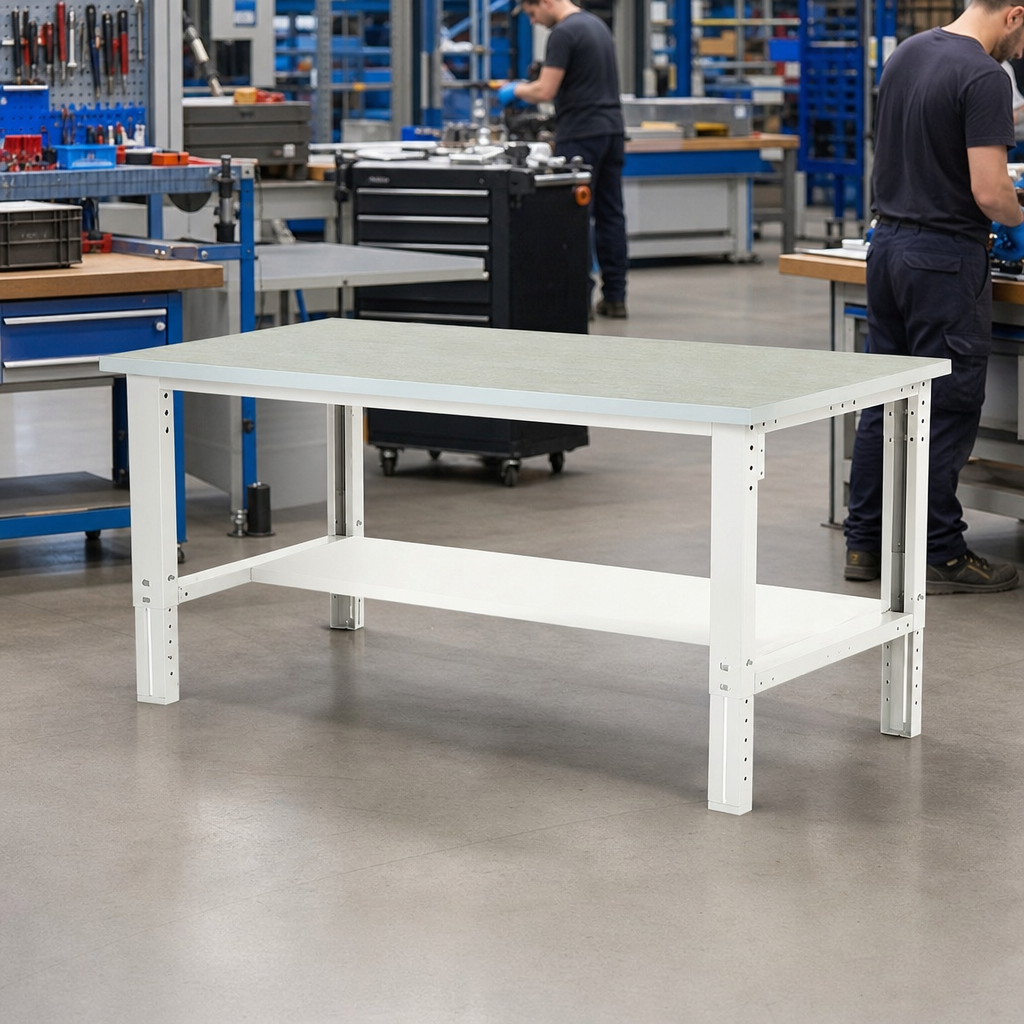 Height Adjustable Workbench with Linoleum Top and Upper Shelf