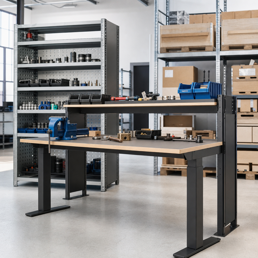Height Adjustable Workbench with Linoleum Top and Upper Shelf