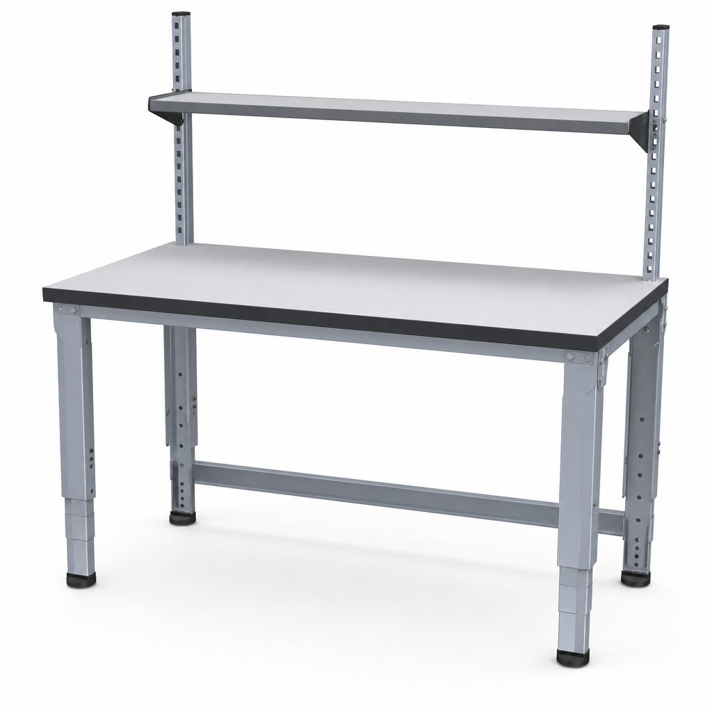 Height Adjustable Workbench with Linoleum Top and Upper Shelf