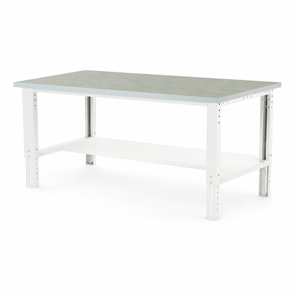Height Adjustable Workbench with Linoleum Top and Upper Shelf