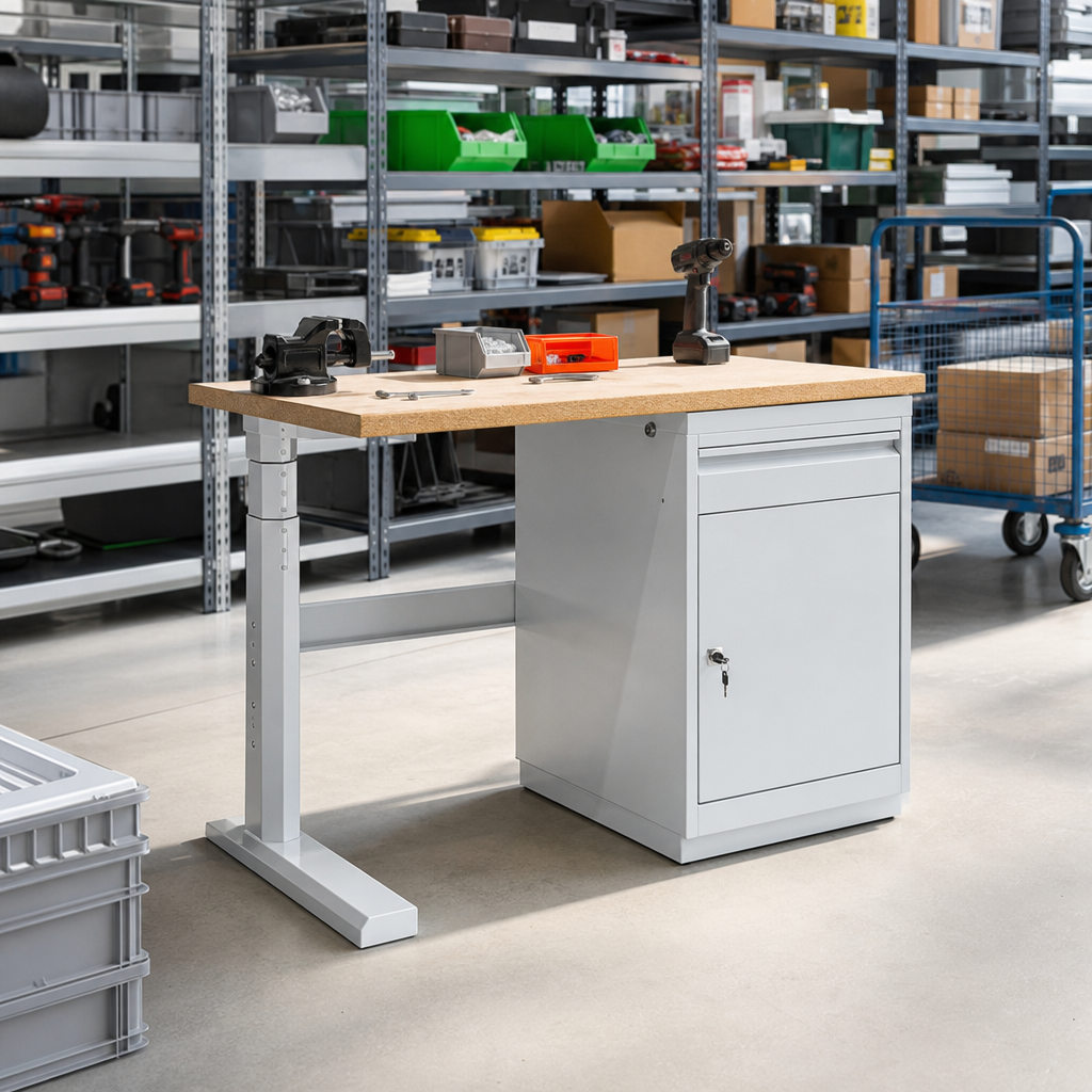 Height Adjustable Workbench with Lockable Cabinet 780-930x700x600mm