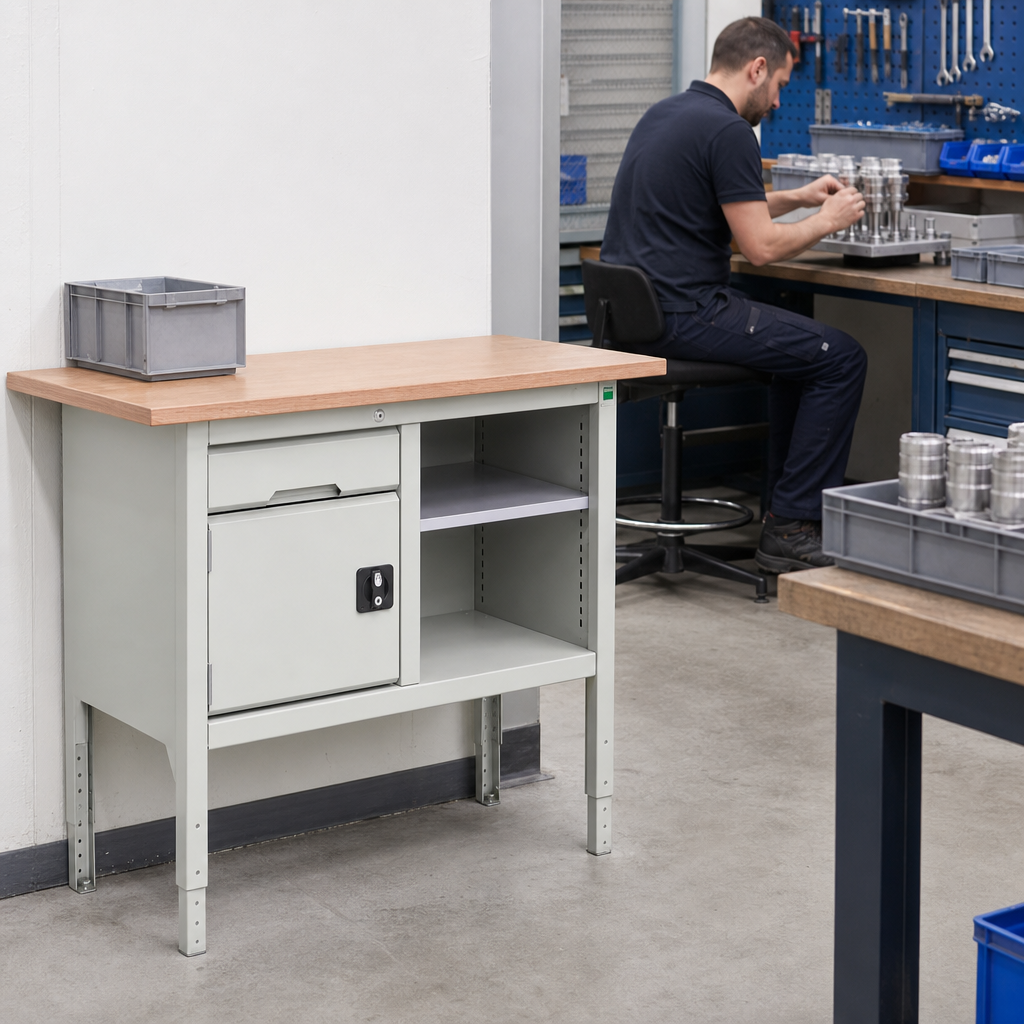 Height Adjustable Workbench with Shelf and Drawer 1250 x 600mm