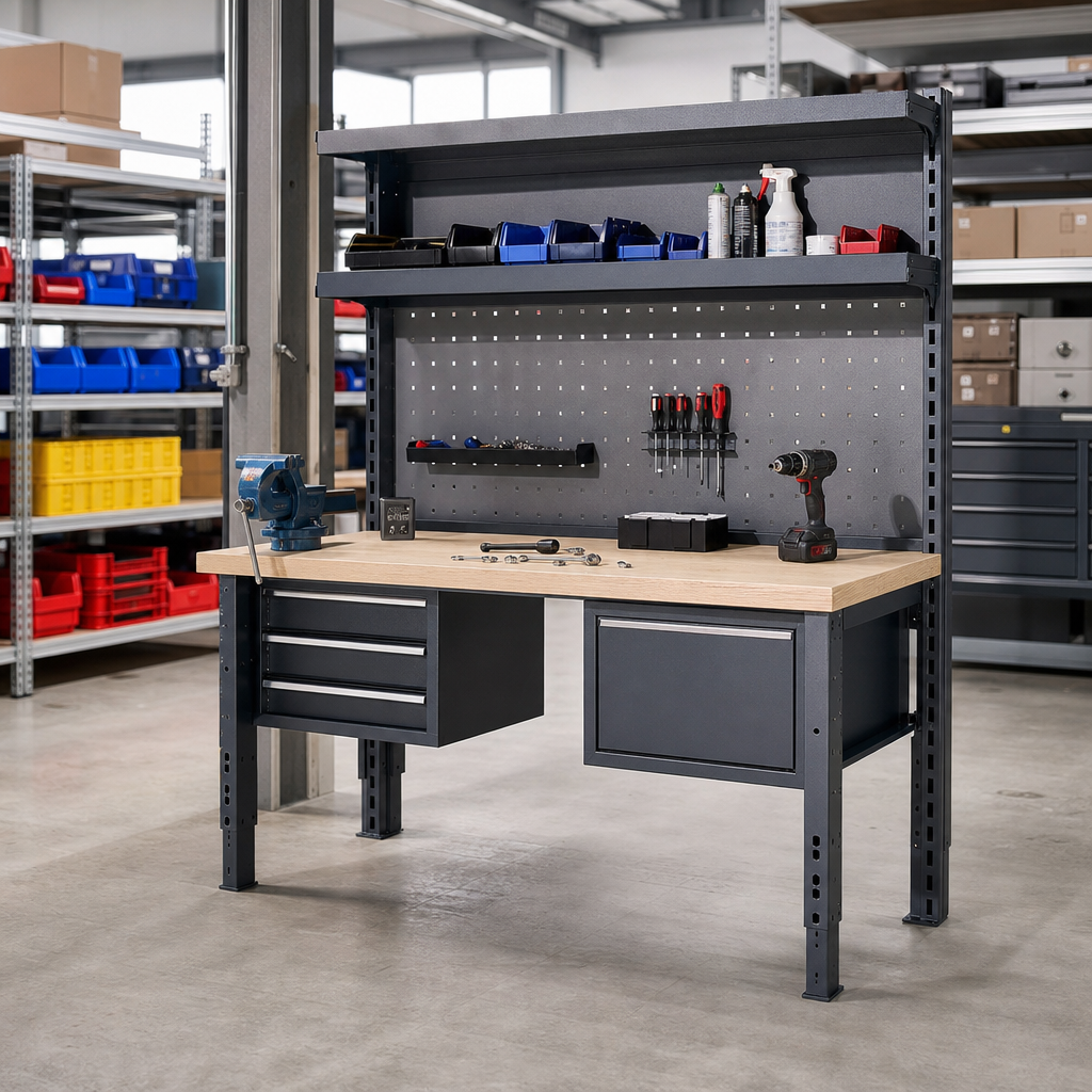 Height Adjustable Workbench with Shelf and Drawers