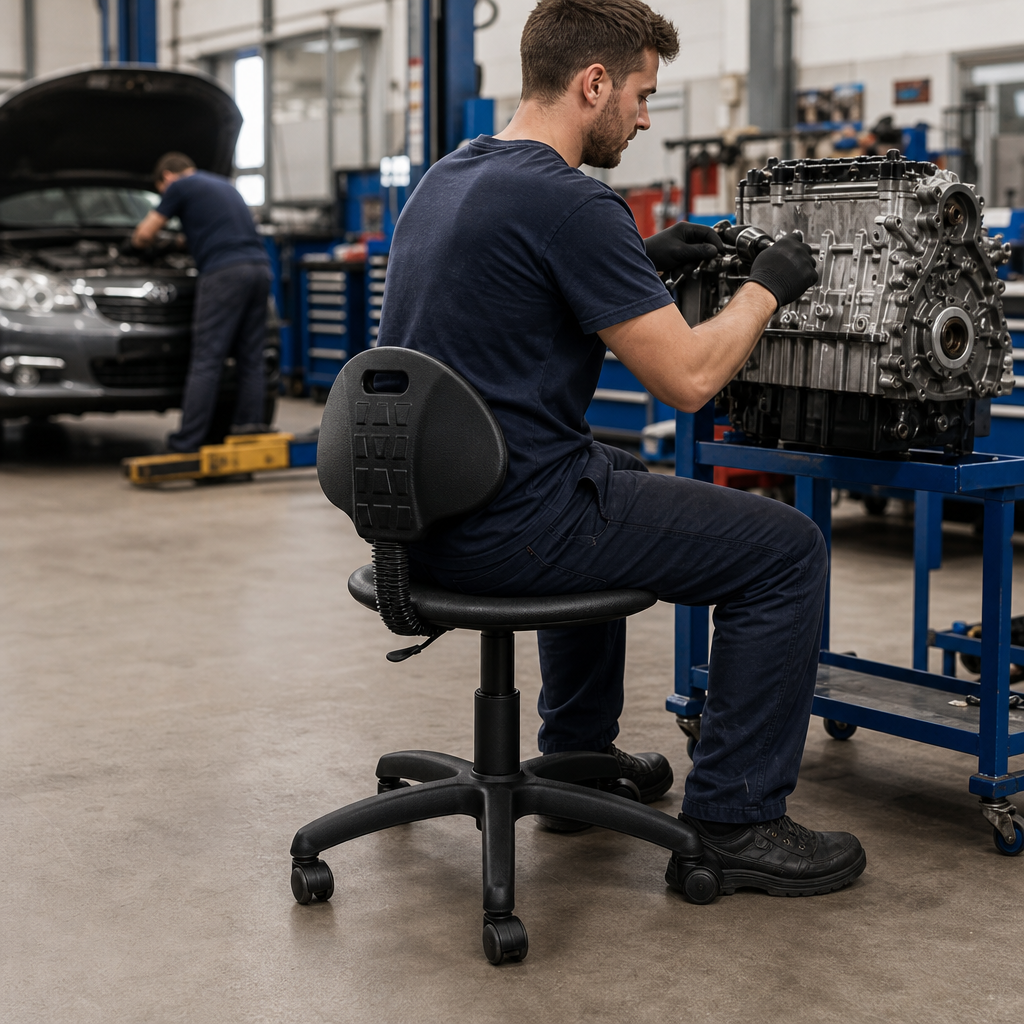 High Black Ergonomic Mobile Workshop Chair