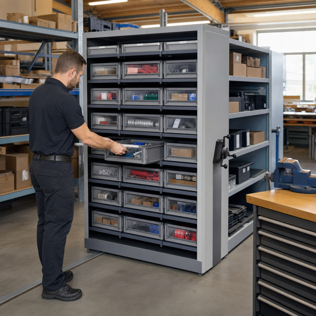 High Density Mobile Storage Cabinet with 24 Shelf Bins