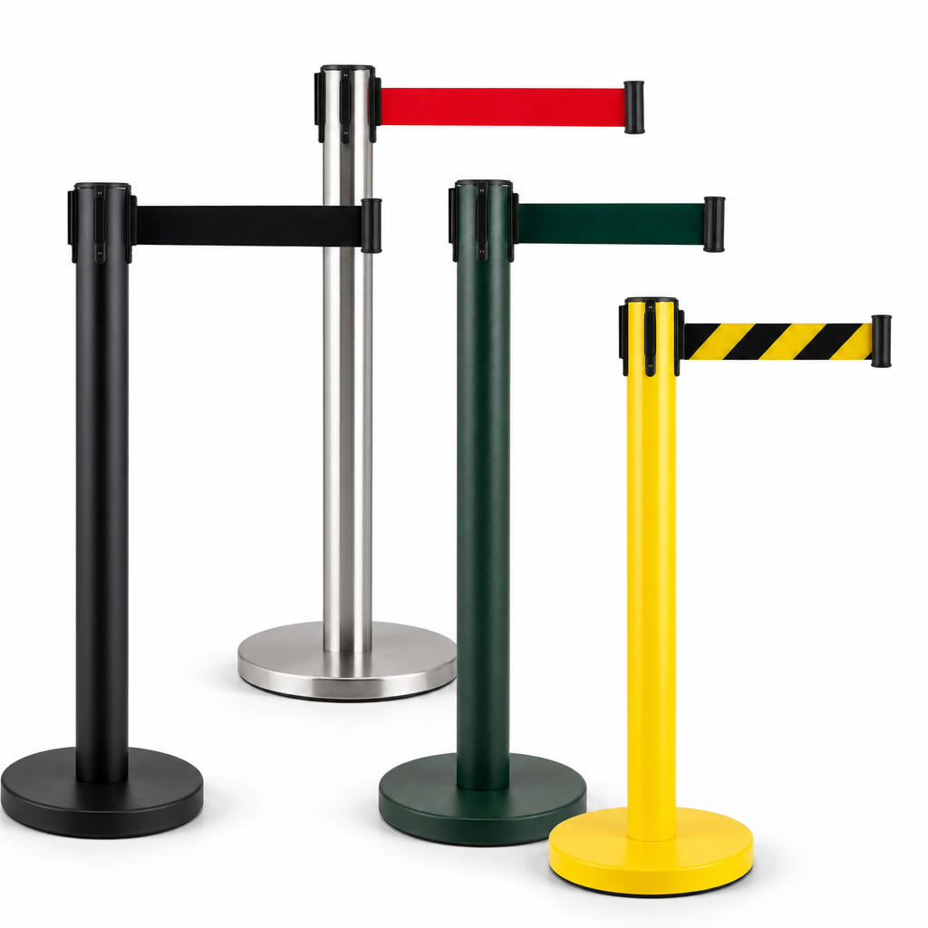 Indoor and Outdoor Retractable Barrier Posts with Coloured Belts