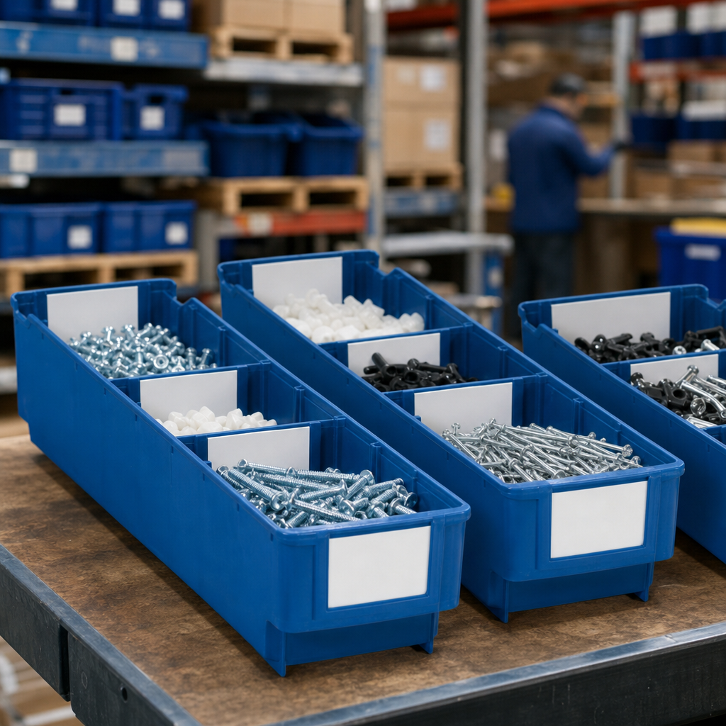 Industrial Bin Dividers and Label Holders for Shelf Storage Trays