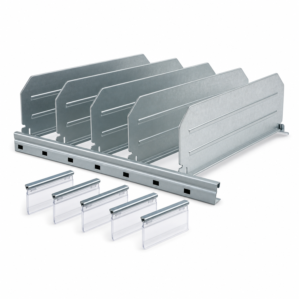 Industrial Bin Dividers and Label Holders for Shelf Storage Trays