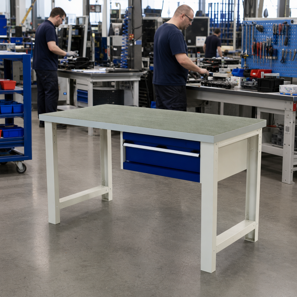 Industrial Workbench with Single Drawer and Lino Top