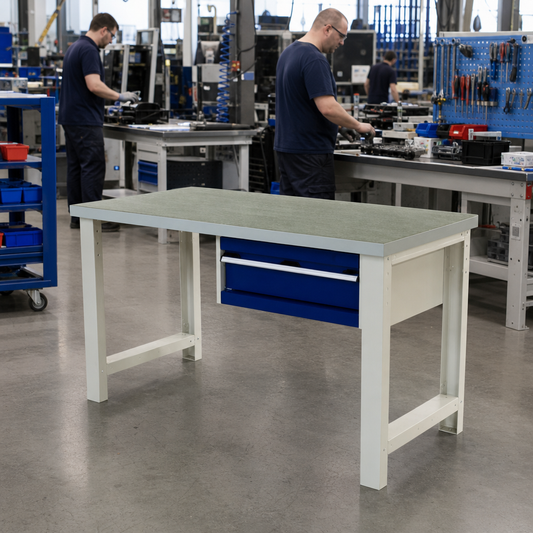 Industrial Workbench with Single Drawer and Lino Top