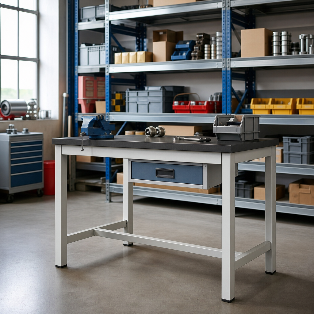Industrial Workbench with Single Drawer and Lino Top
