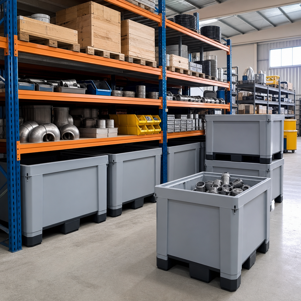 Large Plastic Pallet Boxes with Solid Walls and Forklift Skids