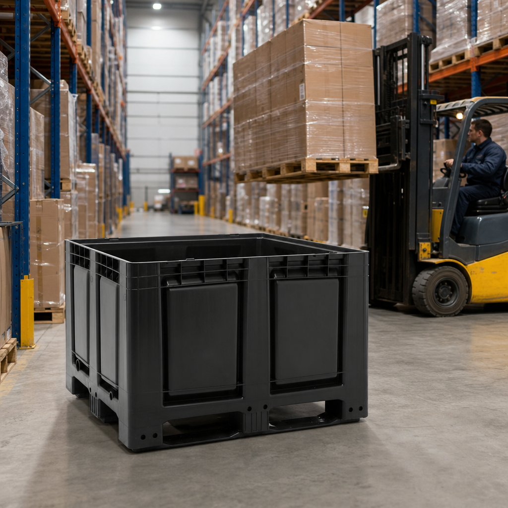 Large Plastic Pallet Boxes with Solid Walls and Forklift Skids